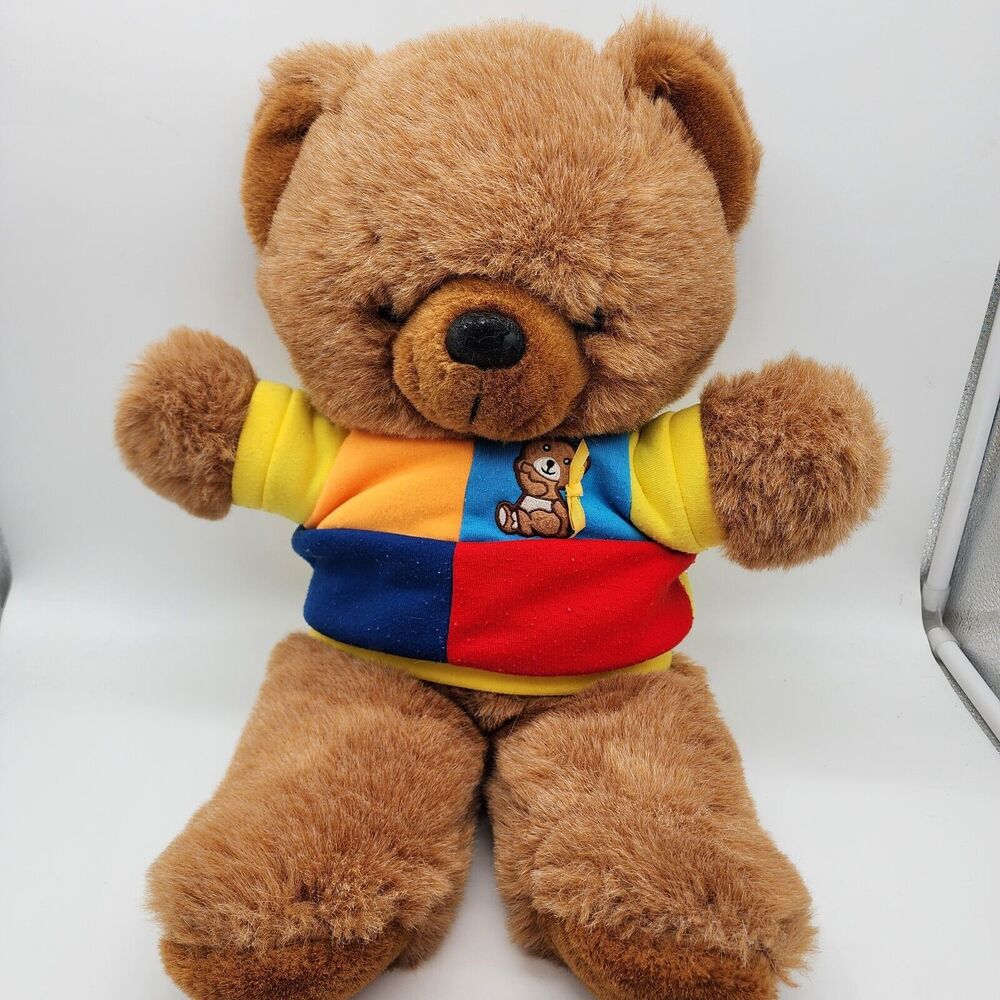 Vintage Fordlet Brown Bear Plush 20" Color Block Shirt Stuffed Animal Toy 1989